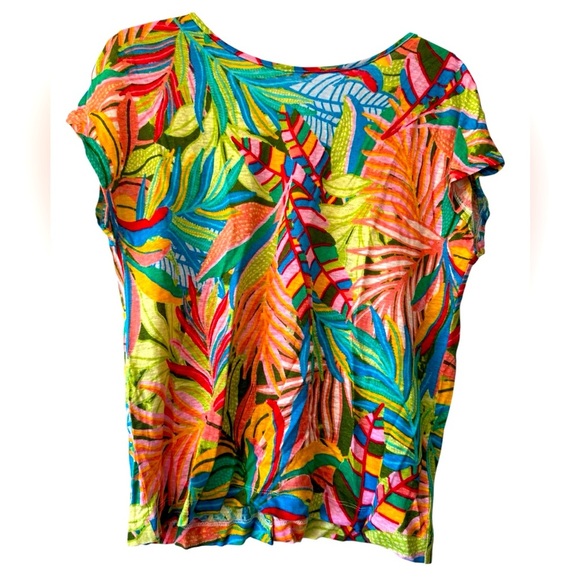100% Linen Tropical Print Loose Fitting Tee With MOP Buttons Size Small - Picture 1 of 5